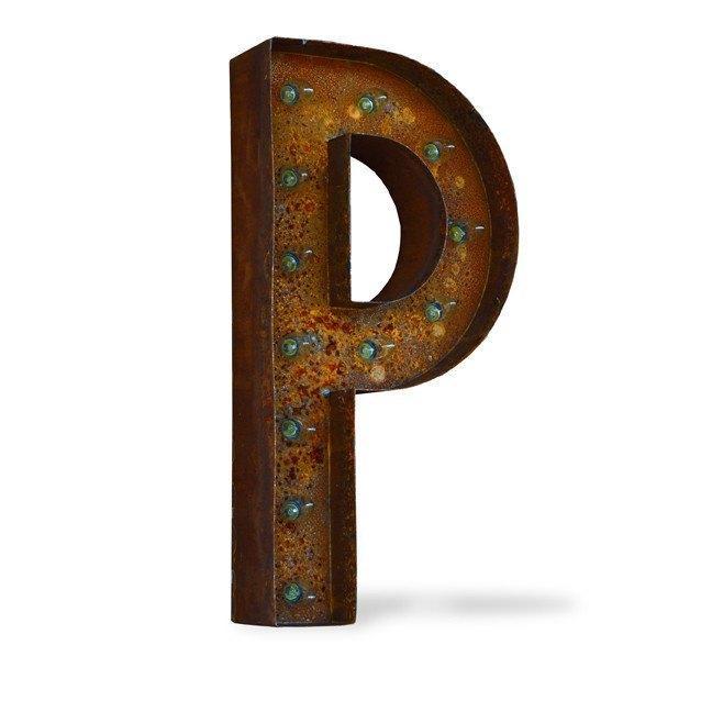 Marquee Letter Lights - 12” Letter P Lighted Vintage Marquee Letters (Modern Font/Rustic)