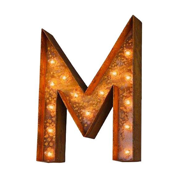 Marquee Letter Lights - 24” Letter M Lighted Vintage Marquee Letters (Modern Font/Rustic)