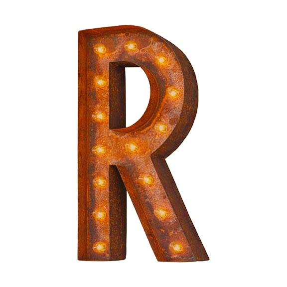 Marquee Letter Lights - 24” Letter R Lighted Vintage Marquee Letters (Modern Font/Rustic)